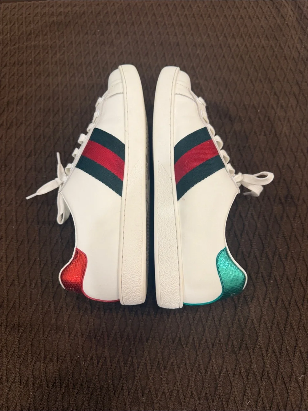 Gucci Leather Sneakers w:Green and Red Stripes and embroidered sequin arrow